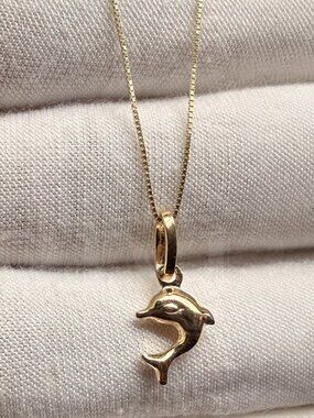 14K Yellow Gold Hollow Dolphin Pendant With 0.5 mm Box Chain - 20 inch